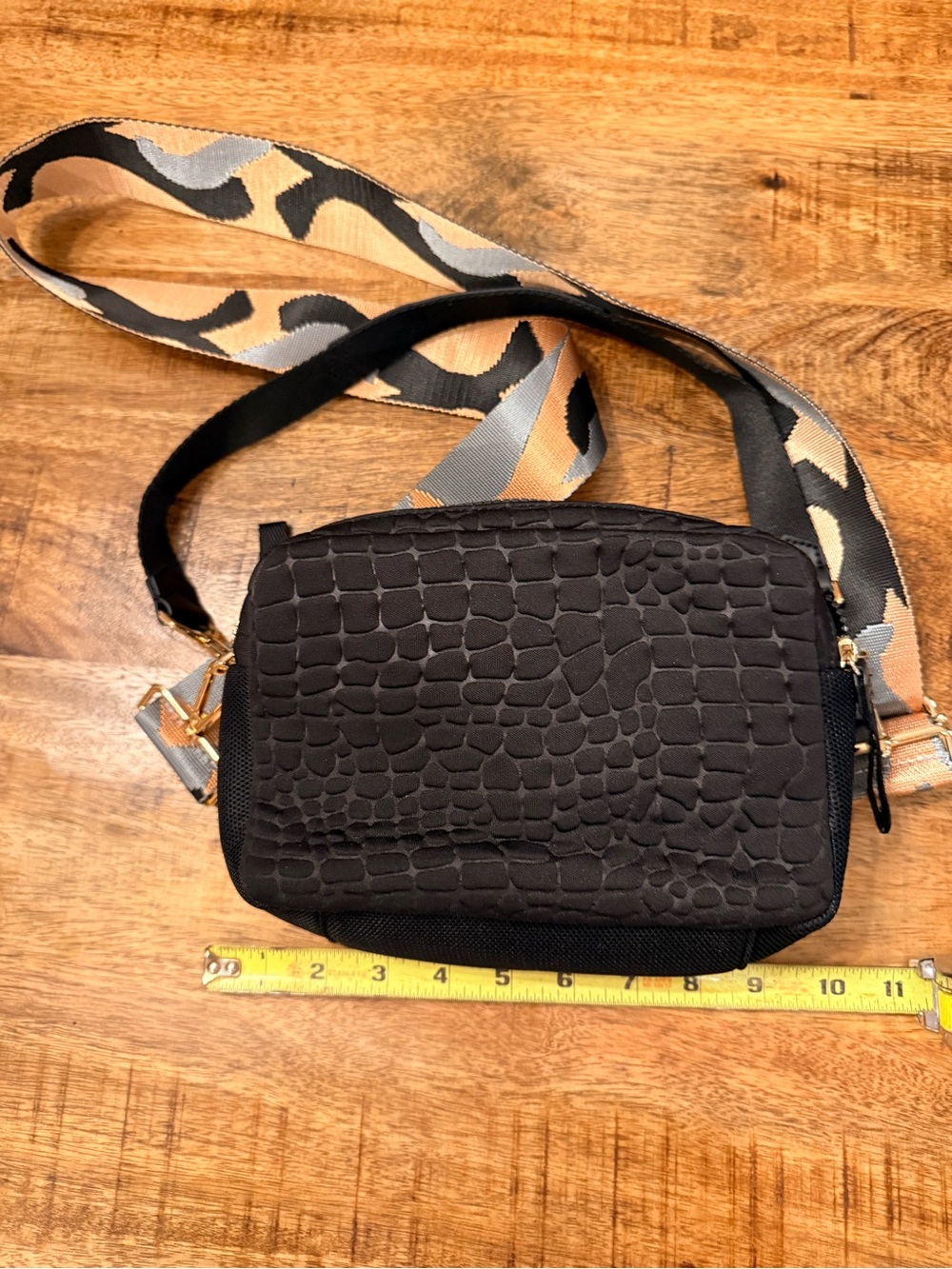 THINK ROYLN Black Croc-Embossed Crossbody with Multicolor Patterned Strap